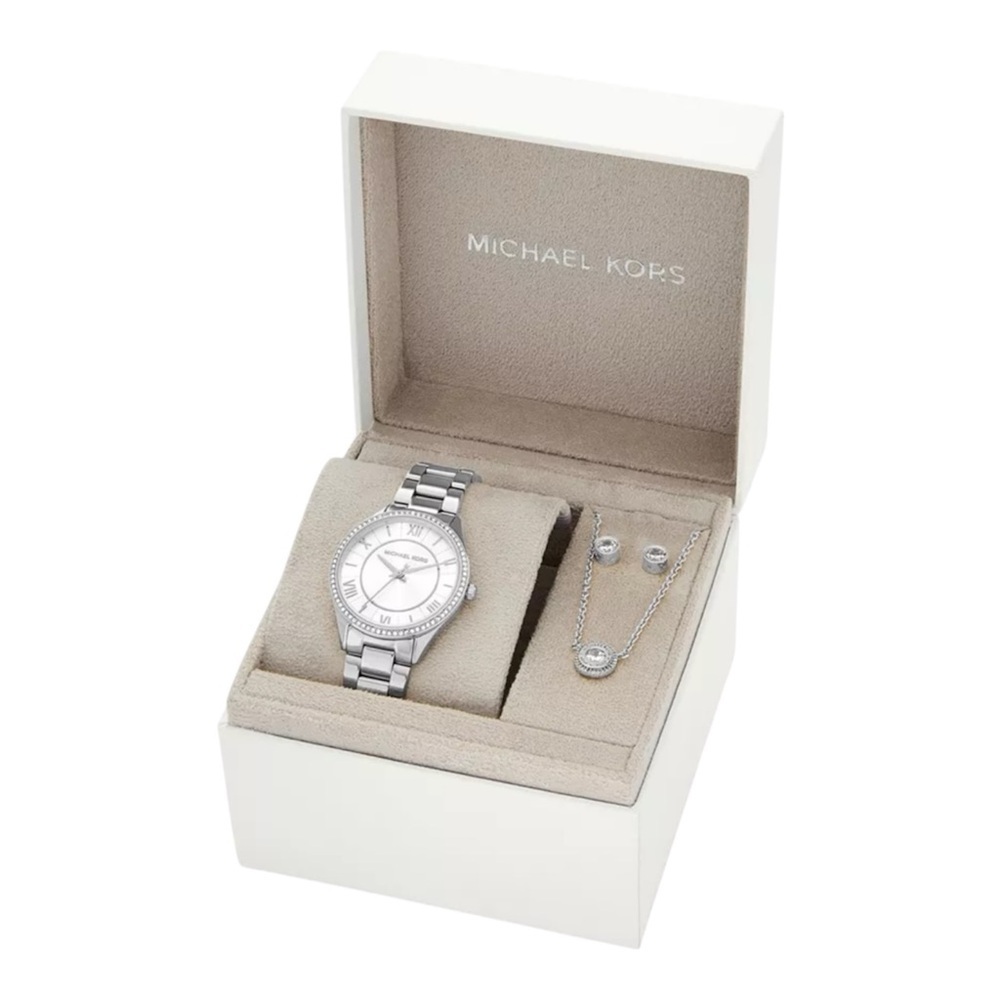 Michael Kors Women's Lauryn Three-Hand Stainless Steel Watch, Earrings and Neckl